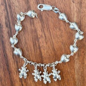 Rare Puffy Heart & Teddy Bear Charm Bracelet Sterling Silver 7.5”